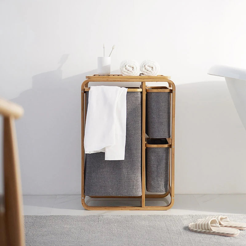 "3 Grid Bamboo Laundry Basket - Stylish Storage Solution for Dirty Clothes and More!"