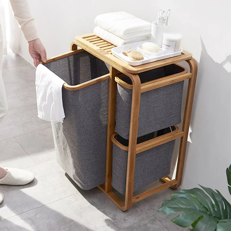 "3 Grid Bamboo Laundry Basket - Stylish Storage Solution for Dirty Clothes and More!"